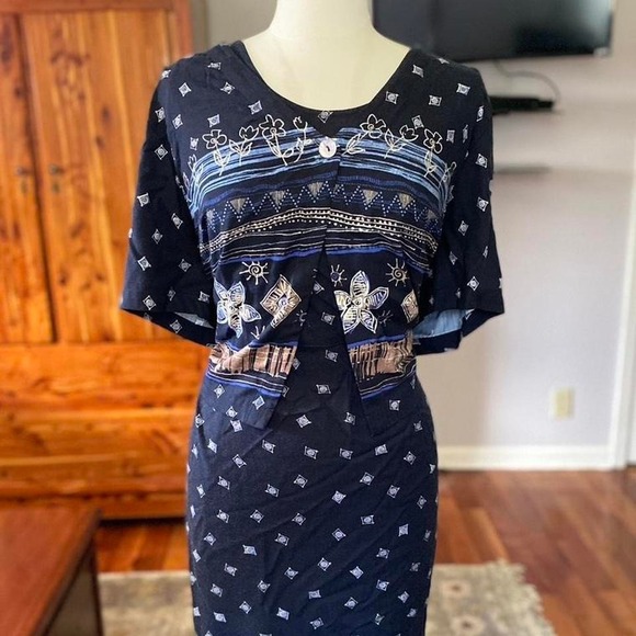 Liz Baker Vintage Navy Boho Earthy Floral 2 Piece Maxi Dress and Jacket Set 24W - Picture 4 of 8